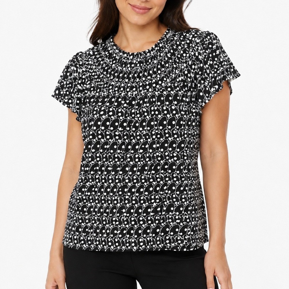Women's Petite Blouse Black White Size L Polka Dot Boat Neck Short Sleeve Casual